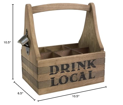 Stonebriar Wooden Drink Local Beer Caddy with Handle and Metal Bottle Opener, Large, Brown