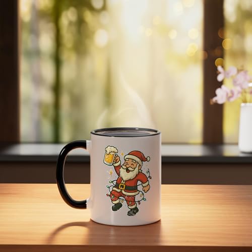 Dancing Santa With Beer and Lights Ceramic Mug, Black/White