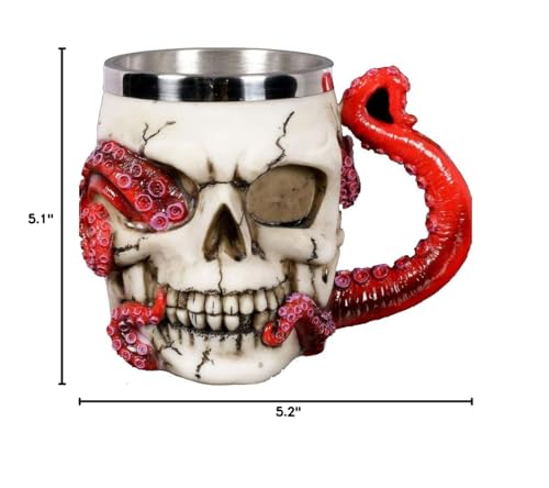 Skull Mug Parasite Octopus Beer Coffee Mugs with Tentacle Handle, Stainless Steel and Resin Tankard Skeleton Cranium Skull Beverage Drinking Cup for Ossuary Macabre Halloween Decorative Accent