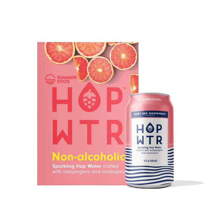 HOP WTR - Sparkling Hop Water - Ruby Red Grapefruit (6 Pack) - NA Beer, No Calories or Sugar, Low Carb, With Adaptogens and Nootropics for Added Benefits (12 oz Cans)