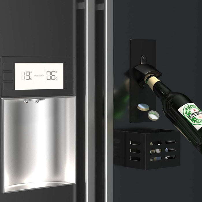 weallbuy Magnetic Bottle Opener with Cap Catcher,Removable Wall Mounted Beer Bottle Opener for Kitchen Fridge,Beer Gifts for Men (black)