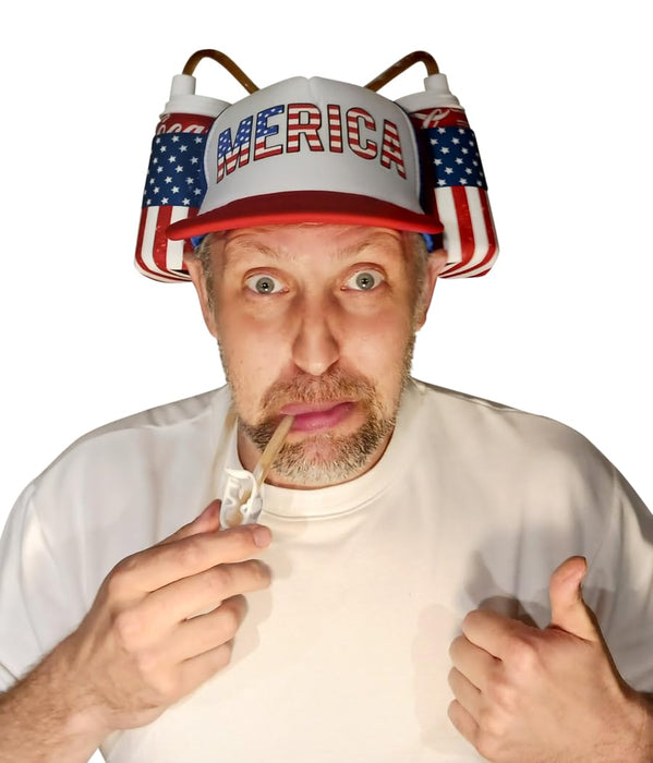 HandinHandCreations USA Merica Drinking Cap Adjustable Size Hat with Straw for Soda or Beverage Guzzler Drink Helmet - America Drinking July 4th Costume - All American Party Gear