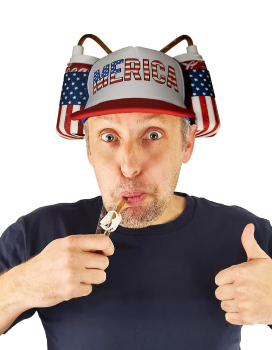 HandinHandCreations USA Merica Drinking Cap Adjustable Size Hat with Straw for Soda or Beverage Guzzler Drink Helmet - America Drinking July 4th Costume - All American Party Gear