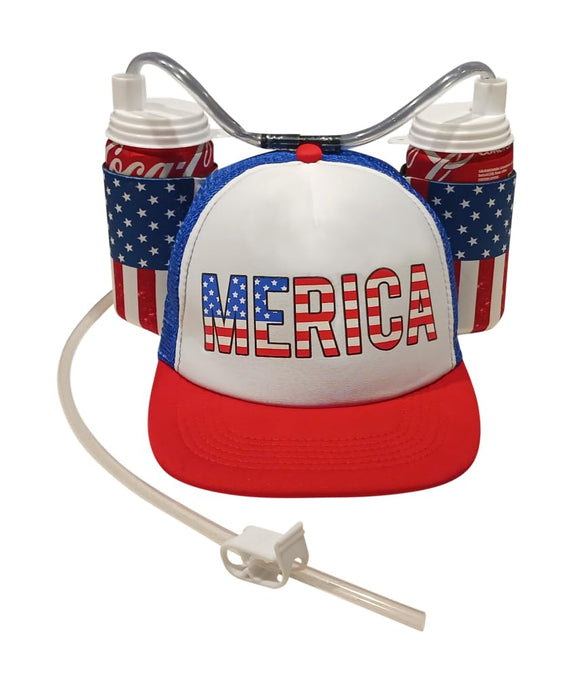 HandinHandCreations USA Merica Drinking Cap Adjustable Size Hat with Straw for Soda or Beverage Guzzler Drink Helmet - America Drinking July 4th Costume - All American Party Gear