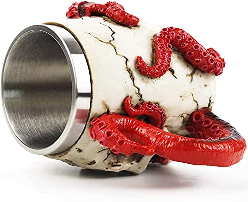 Skull Mug Parasite Octopus Beer Coffee Mugs with Tentacle Handle, Stainless Steel and Resin Tankard Skeleton Cranium Skull Beverage Drinking Cup for Ossuary Macabre Halloween Decorative Accent