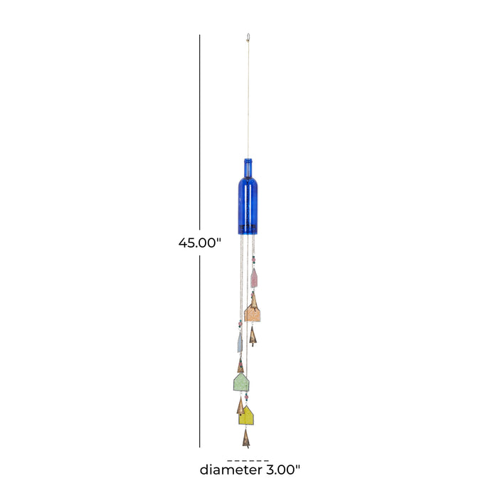 Deco 79 Glass Glass Bottle Windchime with Beads and Cone Bells, 3" x 3" x 41", Blue