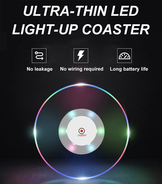 10 PCS Colorful LED Coasters for Drinks, Ultra-Thin LED Luminous Coaster Cocktail Coaster, Non-Slip & Waterproof Transparent Bar Beer Beverage Coasters w/ 10 PCS Extra Batteries for Club Party Wedding