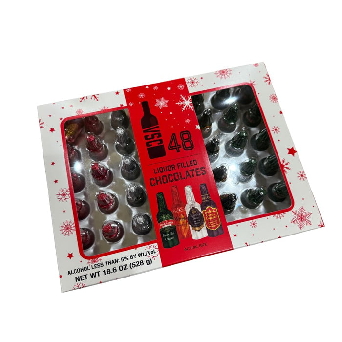 Liquor Filled Chocolates Gift Box, 48 Count, 18.6 oz, Holiday Themed Packaging