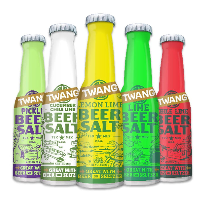 Twang Beer Salts, Pocket Size Bottles, 1-1.4 oz Each Bottle (Pack of 5, Bundle: Lime, Lemon-Lime, Dill Pickle, Chili Lime, & Cucumber Chili Lime)