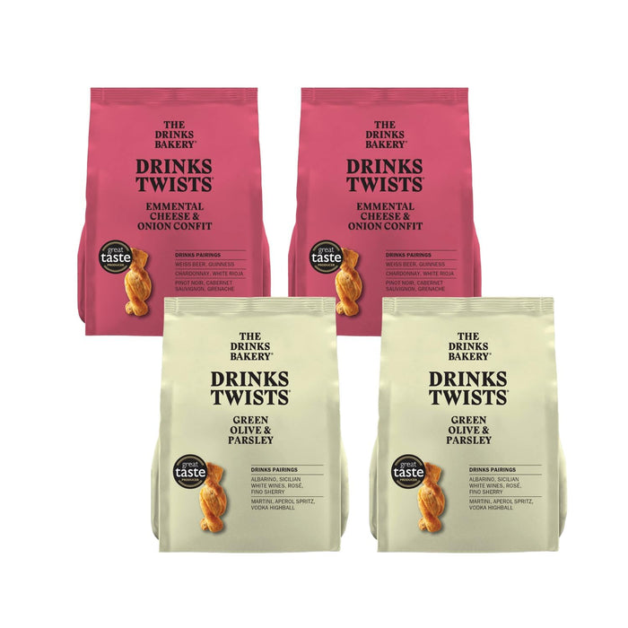The Drinks Bakery Savory Drinks Twists Mixed Pack, Luxury Pastry with Emmental Cheese & Onion Confit and Green Olive & Parsley. Made in France - 4 x 3.5oz bags