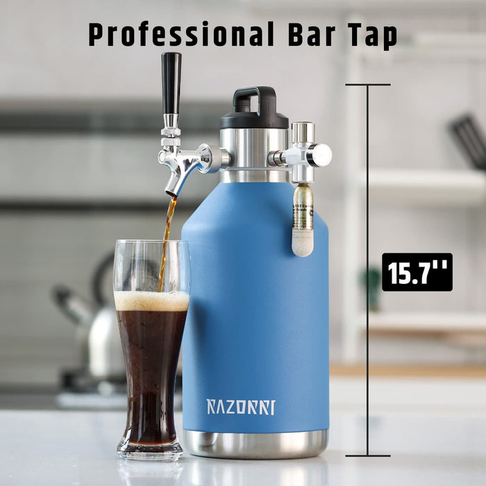 Razorri 128oz Stainless Steel Beer Growler, Double-Wall Vacuum Insulated Carbonated Keg with Professional Bar Tap and Pressurized CO2 Regulator, 1 Gallon, Ocean Blue
