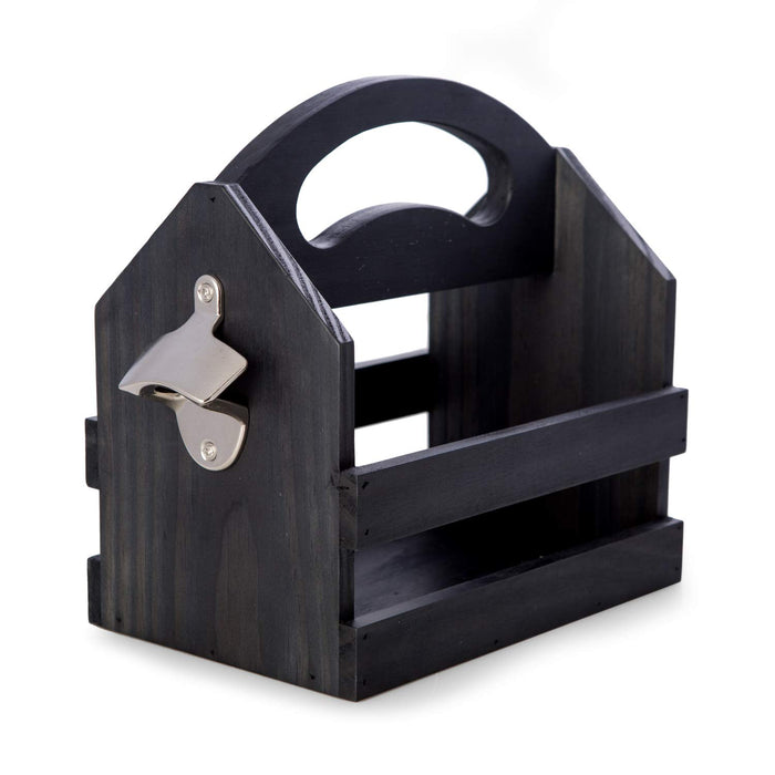 Bey-Berk Personalized Solid Wood Beer Caddy (Black), Six-Pack Bottle Carrier with Curved Handle, Built-in Bottle Opener and Custom Laser Etched Front