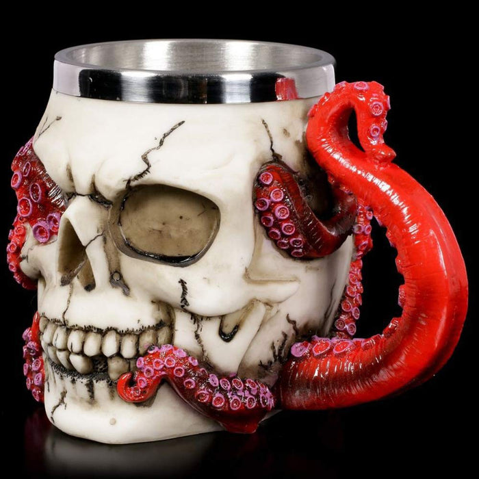 Skull Mug Parasite Octopus Beer Coffee Mugs with Tentacle Handle, Stainless Steel and Resin Tankard Skeleton Cranium Skull Beverage Drinking Cup for Ossuary Macabre Halloween Decorative Accent