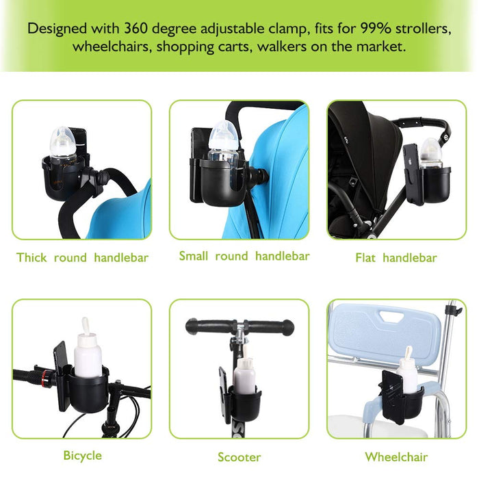 Accmor Stroller Cup Holder with Phone Holder, Bike Cup Holder, Universal Cup Holder for Uppababy Nuna Doona Strollers, 2-in-1 Cup Holder for Walker, Wheelchair, Scooter