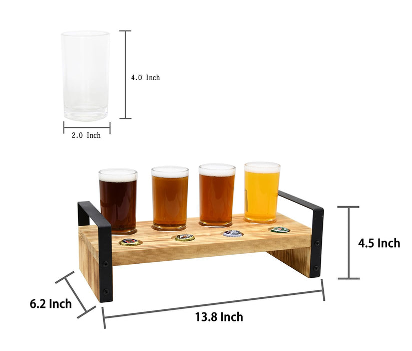 Owlgift Brown Wood Beer Flight Sampler Tray Holder Serving Set w/ 4 Glasses & Bottle Cap Holder & Black Metal Handles, Outdoor Bar Accessory, Drink Stand, Beer Gifts