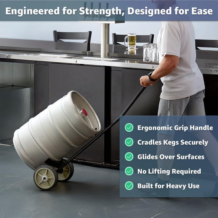 Heavy-Duty Commercial Hand Truck for Kegs and Pails, 400 lb Capacity - Keg Dolly with 8" Oiled Wheels, Ergonomic Handle & Keg Hook, Steel Frame for Beer Barrels, Brewery, Delivery Use