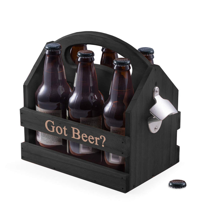 Bey-Berk Personalized Solid Wood Beer Caddy (Black), Six-Pack Bottle Carrier with Curved Handle, Built-in Bottle Opener and Custom Laser Etched Front