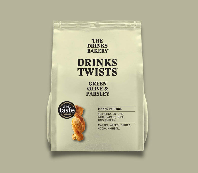 The Drinks Bakery Savory Drinks Twists Mixed Pack, Luxury Pastry with Emmental Cheese & Onion Confit and Green Olive & Parsley. Made in France - 4 x 3.5oz bags