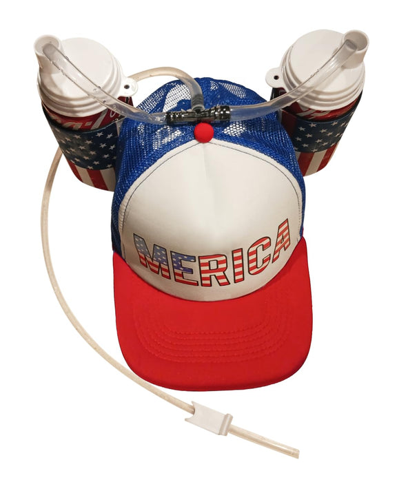 HandinHandCreations USA Merica Drinking Cap Adjustable Size Hat with Straw for Soda or Beverage Guzzler Drink Helmet - America Drinking July 4th Costume - All American Party Gear