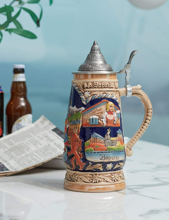 HAUCOZE Beer Stein Mug German Munich Bavarian Drinking Viking Tankard with Petwer Lid for Birthday Gifts Men Father Husband 1.0Liter