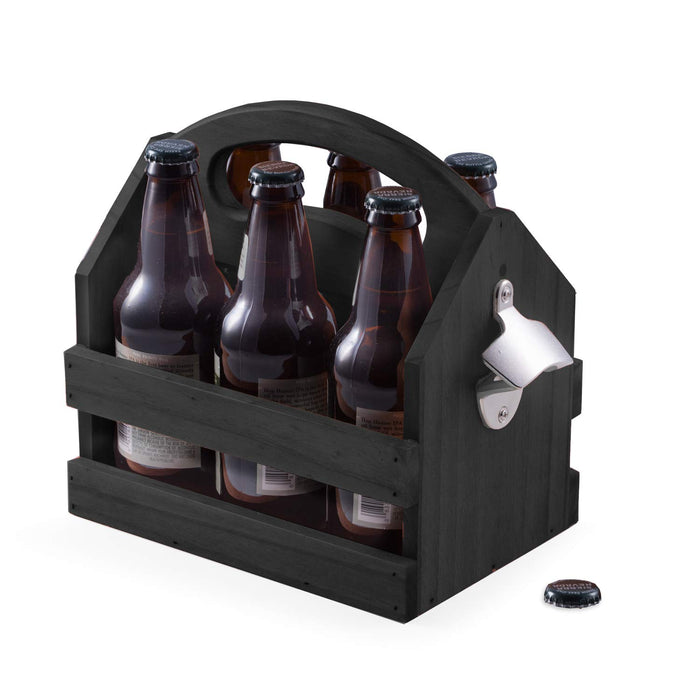 Bey-Berk Personalized Solid Wood Beer Caddy (Black), Six-Pack Bottle Carrier with Curved Handle, Built-in Bottle Opener and Custom Laser Etched Front