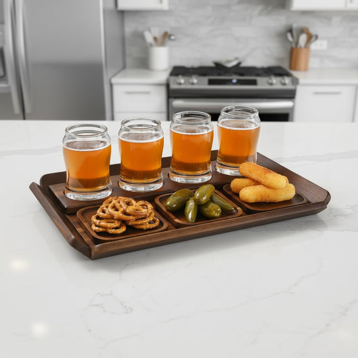 Shanik Wooden Beer Flight Paddle Tray Set with 4 Glasses & Coasters – Rustic Tasting Flight Board – Craf Sampler Set for Home Bar, Birthday Gift for Beer Lovers, Men’s Gift Ideas