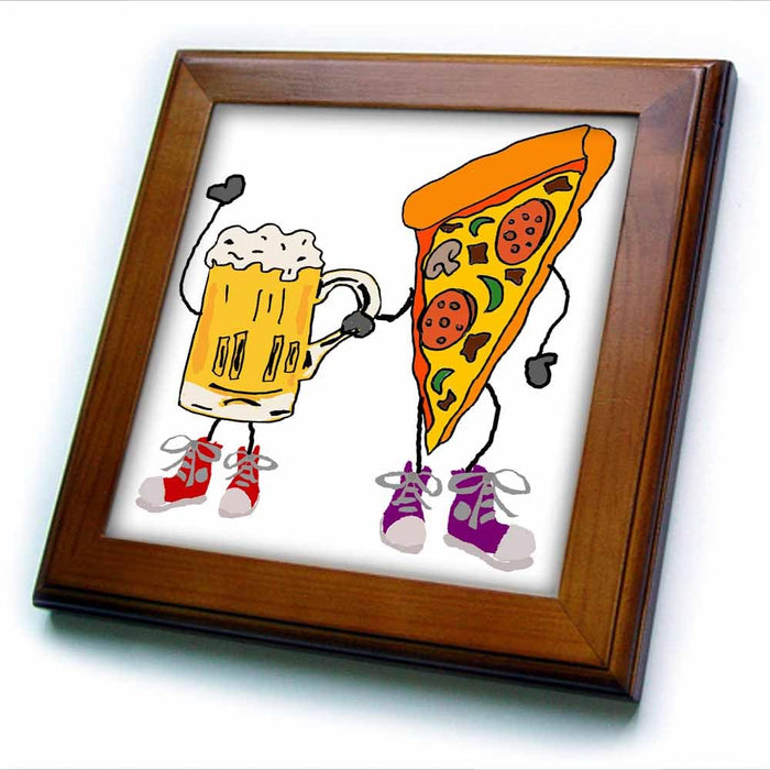 3dRose Funny Cute Beer and Pizza Holding Hands Cartoon 8x8 Framed Tile