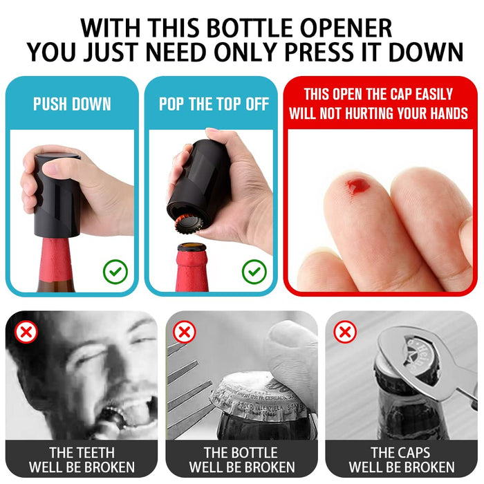 2 PACK Push Down-Pop Off Beer Bottle Opener with Magnetic Cap Catcher No Damage to Caps,Automatic Decapitator Beer/Soda Magnet Bottle Top Openers,One-Hand Easy/Funny Open,Cool Bartender Tools (Black)