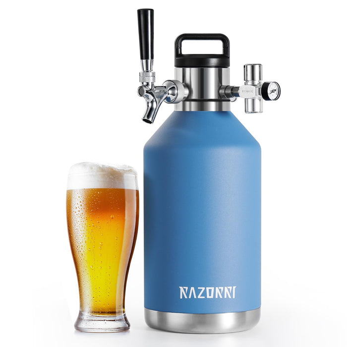 Razorri 128oz Stainless Steel Beer Growler, Double-Wall Vacuum Insulated Carbonated Keg with Professional Bar Tap and Pressurized CO2 Regulator, 1 Gallon, Ocean Blue