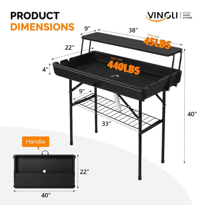 VINGLI Portable Cooler Table with Extra Storage Shelf, Alloy Steel, Black, Picetable Model