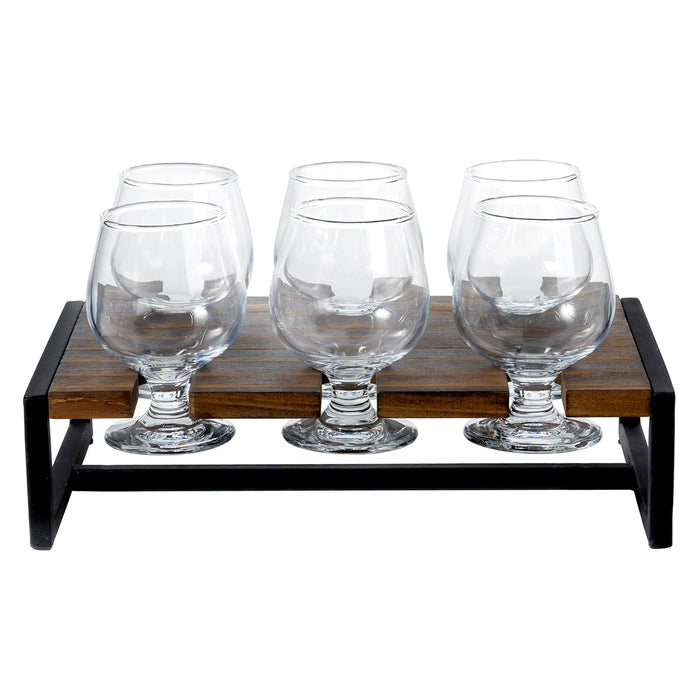 MyGift Urban Industrial Beer Whiskey Flight Board Tasting Set Includes Solid Burnt Wood and Black Metal Server Tray and 6 Small Snifter Sipping Glasses, Margarita, and Wine Tasting Flight Sampler