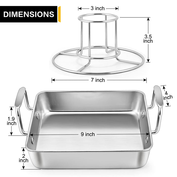 P&P CHEF Beer Can Chicken Holder with Roasting Pan Set, 9-inch Stainless Steel Square Baking Pan and Chicken Rack For Grilling, Heavy Duty & Dishwasher Safe, 2Pcs