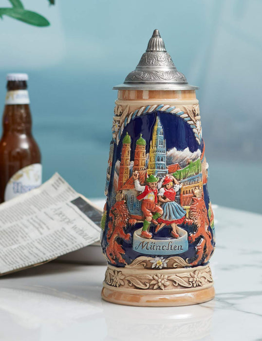 HAUCOZE Beer Stein Mug German Munich Bavarian Drinking Viking Tankard with Petwer Lid for Birthday Gifts Men Father Husband 1.0Liter