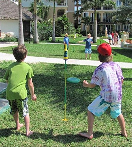 Bottle Bash Outdoor Flying Disc Game Set – Disc Toss Game for Family, Adult & Kids, Backyard and Beach Game - Frisbee Target Lawn Game with Poles & Bottles (Beersbee & Polish Horseshoes)