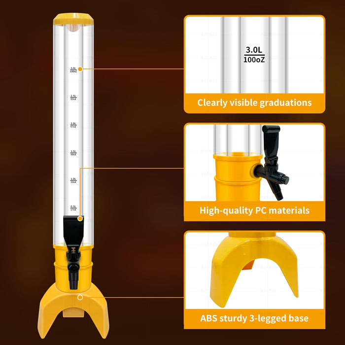 Julymoda 2 Pcs Beer Dispenser, 3L/100 Oz Mimosa Tower with Ice Tube for Bar Party, Tabletop Beer Dispenser for Beer, Liquor, Beverage (Yellow)