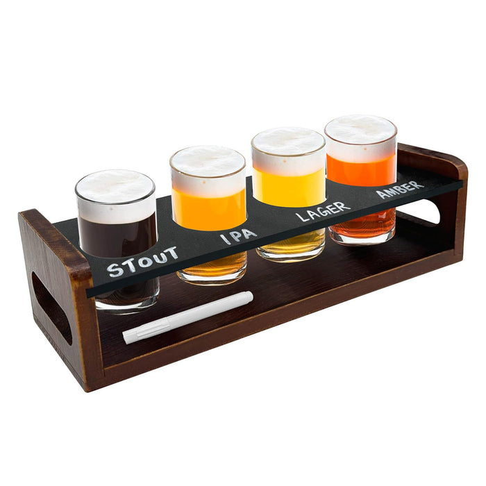 Beer Flight Boards with 4 Glasses 5oz,Wine Flight Tasting Set Tequila Margarita Whiskey Flight Board Wood Drink Serving Tray Shot Glass Holder with Erasable Chalkboard for Men Beer