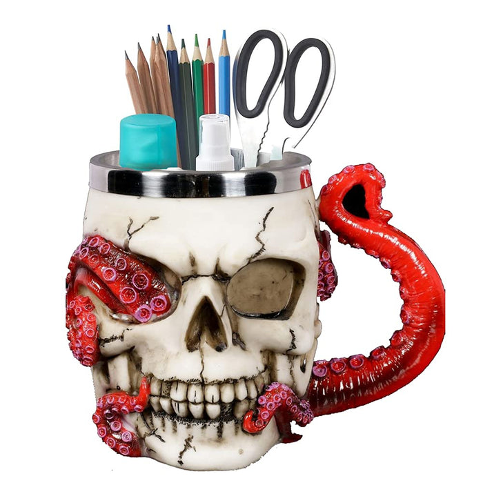 Skull Mug Parasite Octopus Beer Coffee Mugs with Tentacle Handle, Stainless Steel and Resin Tankard Skeleton Cranium Skull Beverage Drinking Cup for Ossuary Macabre Halloween Decorative Accent