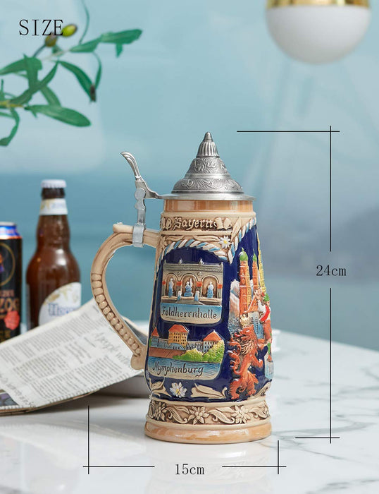 HAUCOZE Beer Stein Mug German Munich Bavarian Drinking Viking Tankard with Petwer Lid for Birthday Gifts Men Father Husband 1.0Liter