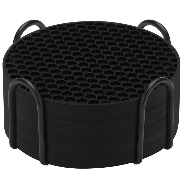 TWTLi Silicone Coasters Set of 8 with Holder,Coasters for Drinks,Beer,Coffee Coasters,Suitable for Kinds Cups,Hot or Cold,Anti-SLI,Non-Stick,Anti-Overflow Tabletop Protection and Decor (8 Pcs, Black)