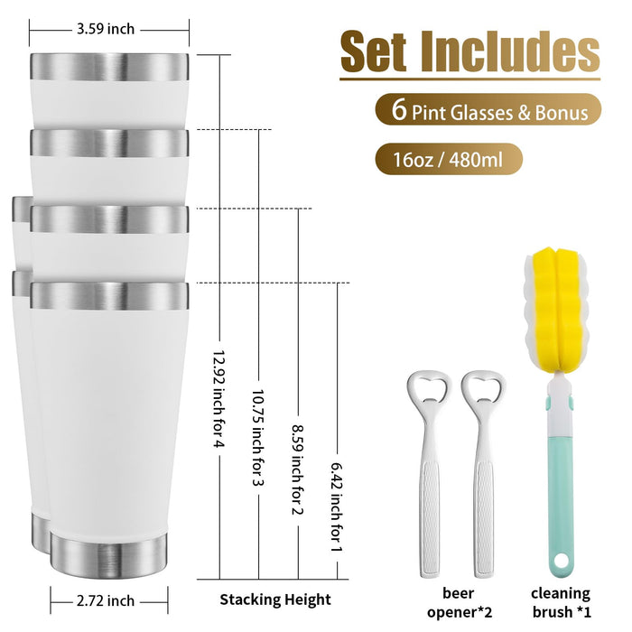 SNOW HARE 16 oz Insulated Beer Glasses Set of 6, Stacking Beer Pint Glass, Beer Tumbler Outdoor, Stainless Steel Double Walled Cup, White, Ideal for Wine Lover, Coffee, Cocktail