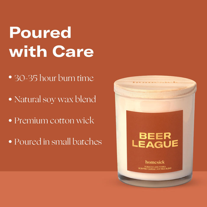 Homesick Scented Candles for Home (Beer League) - 7.5 oz Long-Lasting Natural Soy Wax Blend Jar Candle Gift for Women & Men for All Occasions, 30-35 Hours Burn Time - Notes of Tobacco & Tonka