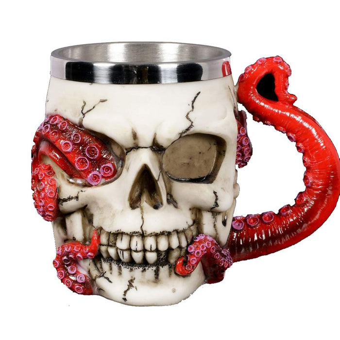 Skull Mug Parasite Octopus Beer Coffee Mugs with Tentacle Handle, Stainless Steel and Resin Tankard Skeleton Cranium Skull Beverage Drinking Cup for Ossuary Macabre Halloween Decorative Accent