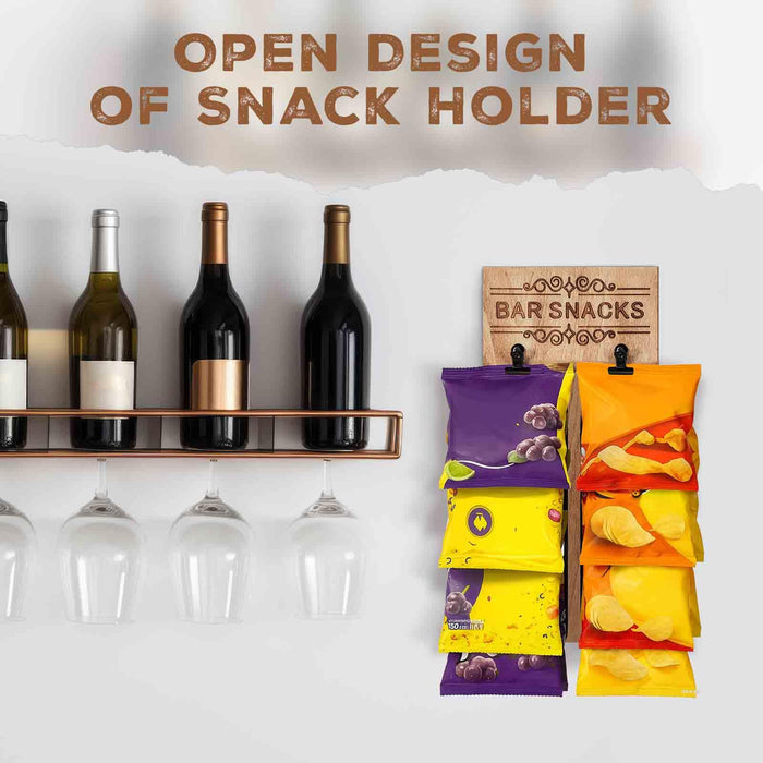Weysat Bar Snacks Holder for Home Bar, Man Cave Snack Organizer Wall Mounted, Rustic Wooden Chip Display Rack with Clips, Gifts for Husband Dad Boyfriend, Father’s Day Accessories