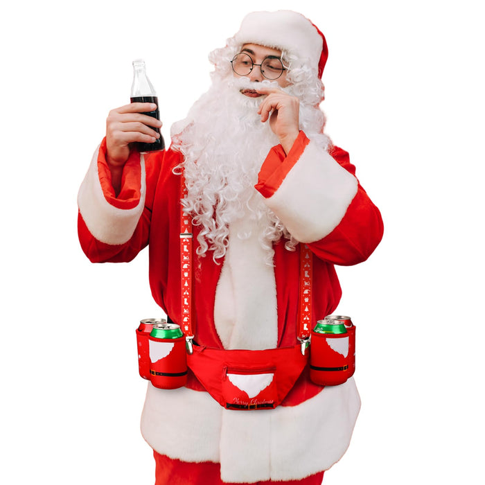 Suhine 9 Pcs Santa Costume Accessory Christmas Set with Fanny Pack, Drink Holder Suspender, Glasses, Xmas Hat, Deluxe Long White Beard Wig for Men Women Cosplay Dress up Props