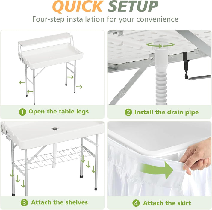 LHBcraft Folding Party Ice Cooler Table with Extra Storage Shelf, Portable Tailgate Camp Fishing Cleaning Table, Ice Cooler with Removable Skirt & Drain Hose, Cooler for Camping, Picnic,BBQ, White