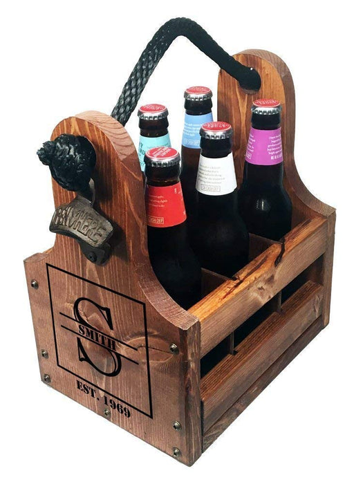 Personalized Wood Beer Caddy with Bottle Opener and Magnetic Bottle Cap Catcher. Handmade Rustic Wooden Six Pack Tote/Carrier - Boxed Split Monogram with Est. Date