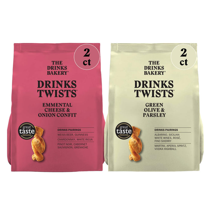 The Drinks Bakery Savory Drinks Twists Mixed Pack, Luxury Pastry with Emmental Cheese & Onion Confit and Green Olive & Parsley. Made in France - 4 x 3.5oz bags