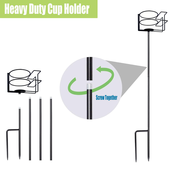 Outdoor Cup Holders, Heavy Duty Metal Beach Drink & Phone Holder Stakes Set