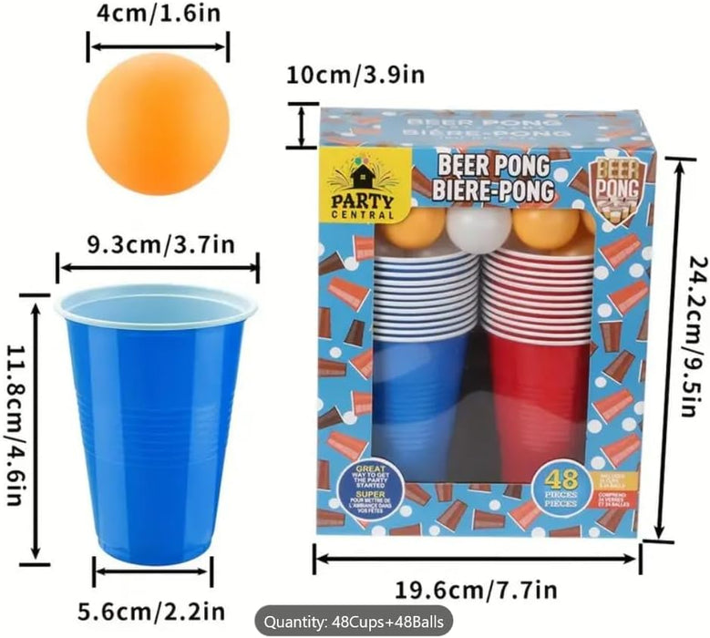 Beer Pong Game Set, 48 Pieces, 24 Red and Blue Reusable Cups with 24 Balls