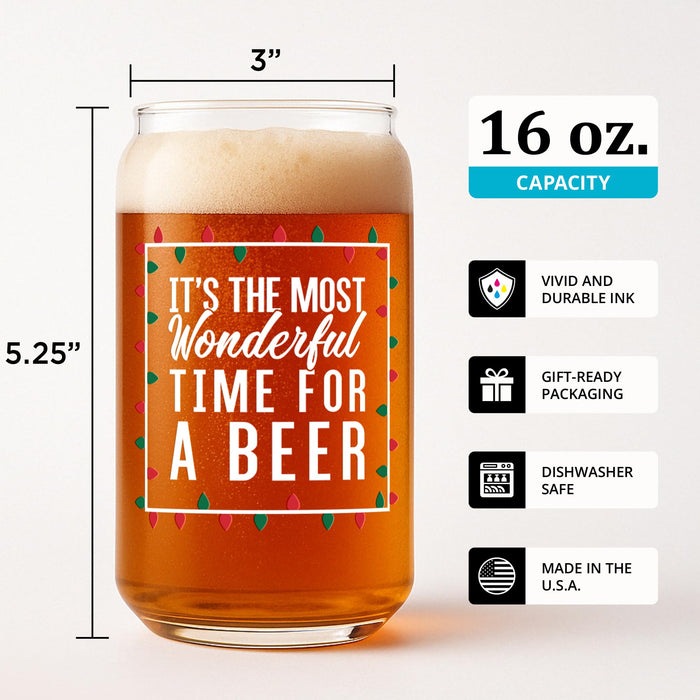 On The Rox Most Wonderful Time for a Beer- Red, Green and White- 16 Ounce Glass- Ideal for Men and Women - Funny Glass (Most Wonderful)